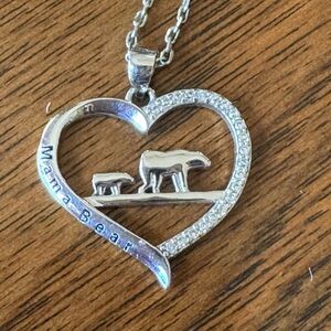 Elegant Silver Mama Bear Heart Pendant Necklace
